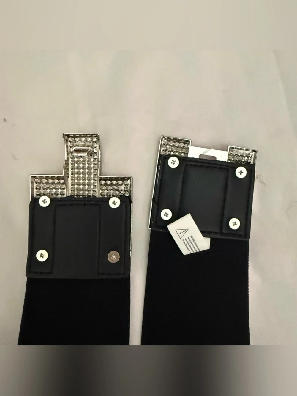 Black PU leather elastic waistband belt with silver buckle and rhinestone